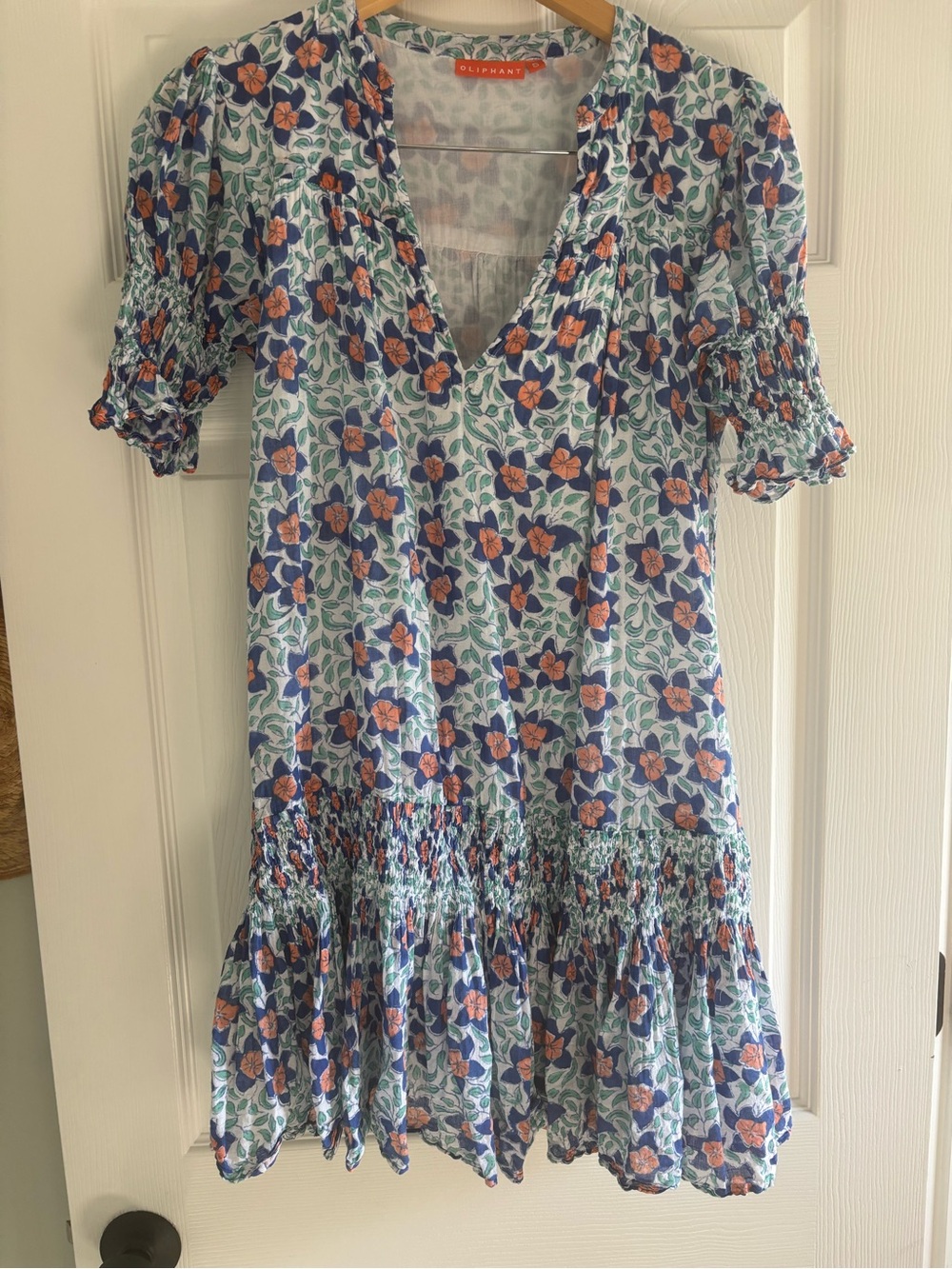 Oliphant Blue and Coral Floral Smocked Mini Dress